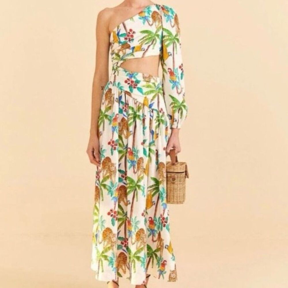 Farm Rio Tropical Midi Dress Womens Large One Shoulder Vacation Cutout Waist